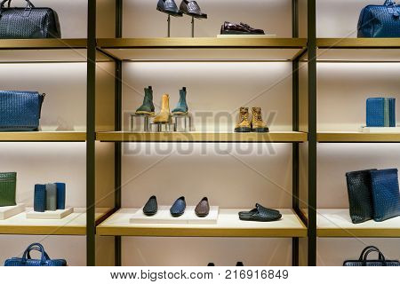 ROME, ITALY - CIRCA NOVEMBER, 2017: Bottega Veneta products on display at a second flagship store of Rinascente in Rome.