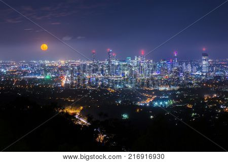 View Of Brisbane And Surrounding Suburbs From Mount Coot-tha At Night.
