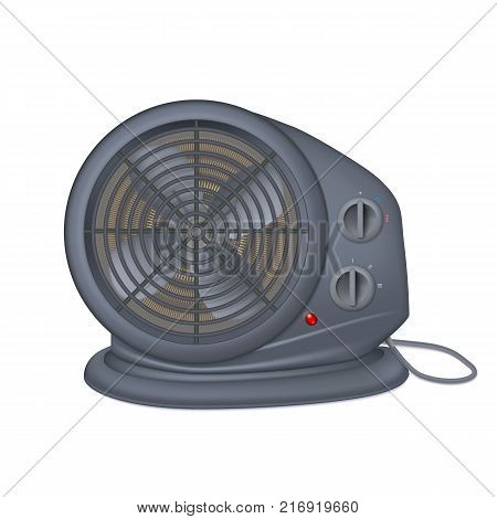 Black electric heater with fan, radiator appliance for space heating. Icon of domestic heater with electric cord. Isolated on white background, 3D illustration