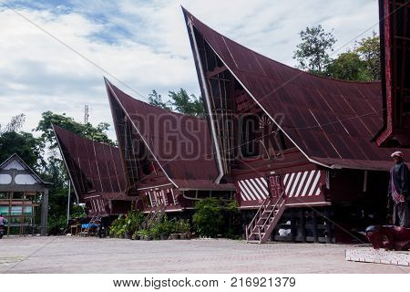 SUMATRA, INDONESIA - 16 SEPTEMBE 2017 : Ethnic traditional Batak House in Toba Lake of Sumatra Indonesia. Batak stands for the ethnic people living in the northern part of Sumatra Island of Indonesia.