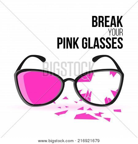 Glasses With Black Frames And Rose Lenses. Broken Pink Glasses. Ruined Into Small Sharp Pieces. Isolated On White Background. Vector Illustration