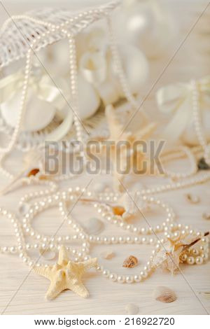 Christmas and New Year. Christmas tree white toys with ribbon. Selective focus.