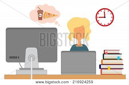 Lunch time. Office. The man behind the computer thinking about eating. Vector illustration.