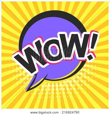 Bright contrast blue retro comic speech bubble with WOW text. Black outline circle shape balloon on yellow striped background in pop art style for advertisement text web design flyer