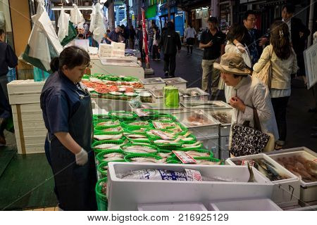 Kanazawa - Japan, June 8, 2017: Variety of fresh seafood for sale at the Omicho Market  