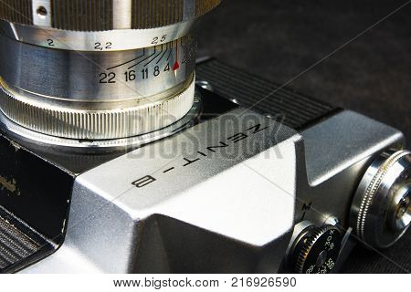 DONETSK, UKRAINE - May 07, 2016: old soviet film SLR camera Zenit - B with lens Jupiter-11, for use with 35 mm film, made in USSR in 1968 - 1973, manufactured by KMZ
