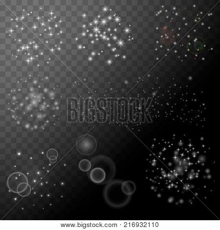 Sparkle star glotter set. Vector abstract transparent elements. White dust trail particles isolated. Magic shine effect