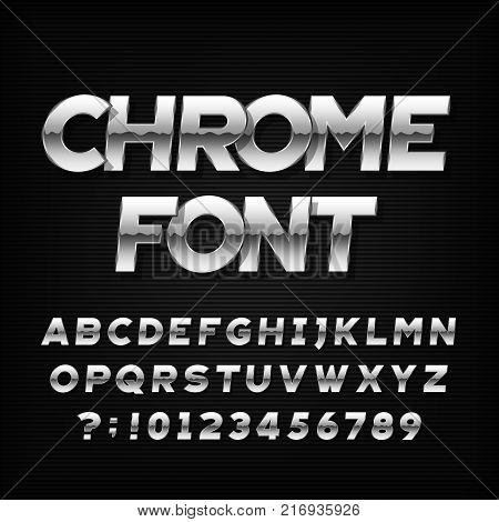 Chrome alphabet font. Metallic effect oblique letters and numbers on a dark background. Stock vector typeface for your headers or any typography design.