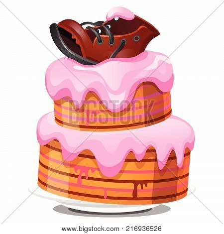 Festive layered biscuit cake covered with cream, ragged old leather boot isolated on white background. Sketch for greeting card, festive poster, party invitation. Vector cartoon close-up illustration.