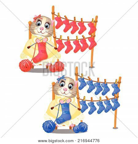 Cute hamster smiling and knitting socks isolated on white background. Hobby and handmade manufacturing of woolen clothing. Funny animals. Vector cartoon close-up illustration.