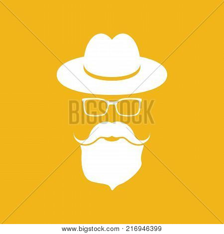 white hat with mustache, beard and glasses isolated on a yellow background