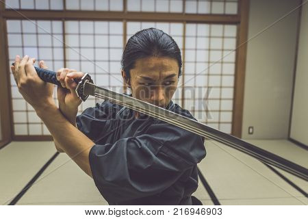 Samurai Training In A Traditional Dojo, In Tokyo