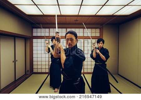 Samurai Training In A Traditional Dojo, In Tokyo