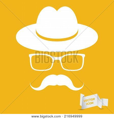 white hat with mustache and glasses isolated on athe yellow background