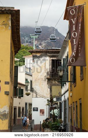 FUNCHALMADEIRA PORTUGAL SEPTEMBER 4 2016: Zone Velha - the oldest district famous for its best restaurants and cafes in Funchal. Madeira Portugal