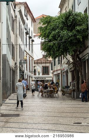 FUNCHALMADEIRA PORTUGAL SEPTEMBER 4 2016: Zone Velha - the oldest district famous for its best restaurants and cafes in Funchal. Madeira Portugal