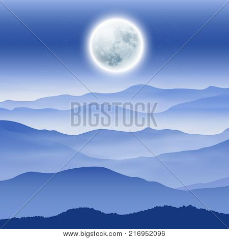 Background with fullmoon and mountains in the fog. EPS10 vector.