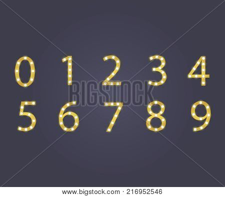 Numbers with light bulbs. Glowing numbers retro vector