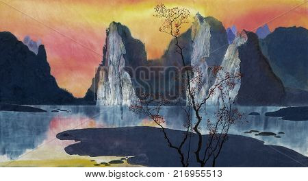 Bright and beautiful sunset in the Chinese mountains