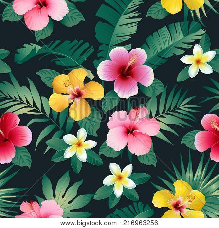 Tropical flowers and leaves on dark Gray background. Seamless. Vector.