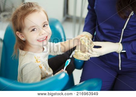 Cheerful child sits in dentist chair and learn about toothcare. Professional doctor teach adorable kid how to properly brush teeth on model of artificial human jaw.