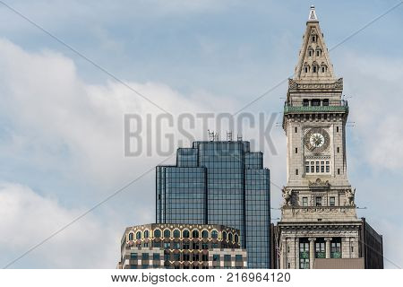 View of the historic Custom House skyscraper clock tower in skyline of Boston, Massachusetts USA