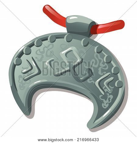 Ancient silver pendant with slavic symbol in the form of half moon isolated on white background. Vector cartoon close-up illustration.