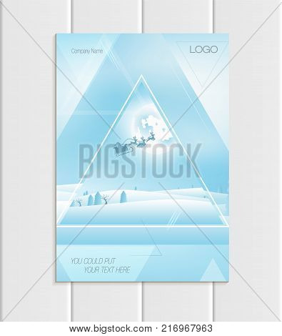Stock vector brochure A4 or A5 format design Christmas triangles silhouette Santa Claus in sleigh reindeer winter landscape New Year 2018 full moon night background for printed element corporate style.