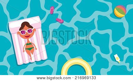 Cartoon illustrations depicting girl in swimming pool on summer vacation.