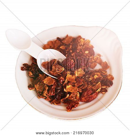 Rosehip berries can be brewed in the therapeutic tea. Rosehip is good for health. Isolated.