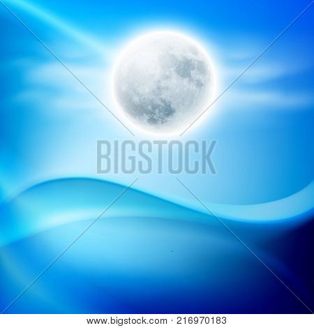 Water wave at night with full moon. EPS10 vector.
