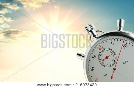 Analog stopwatch against the background of sunrise. The concept of speed and achievements. 3d illustration