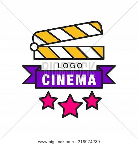 Colorful cinema or movie logo template creative design. Cinematography or film industry emblem concept with clapperboard, stars and ribbon with text. Flat line style vector icon illustration.