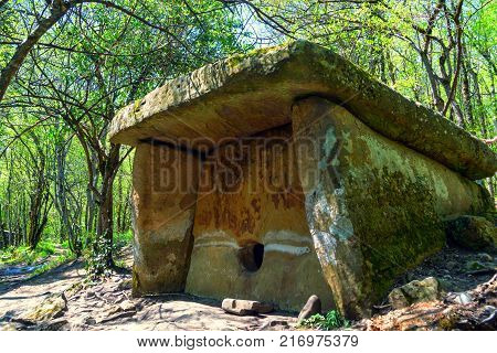 Close up beautiful stone dolmen on sunny day