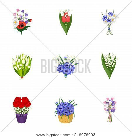 A bouquet of fresh flowers cartoon icons in set collection for design. Various bouquets vector symbol stock illustration.