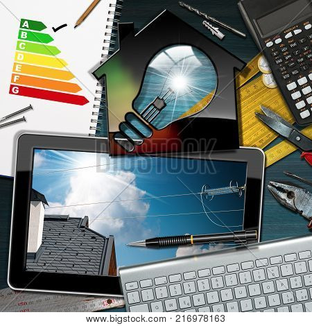 Model house with a light bulb on a desk with a tablet computer with an energy efficiency rating work tools and a calculator. Project of ecological house concept