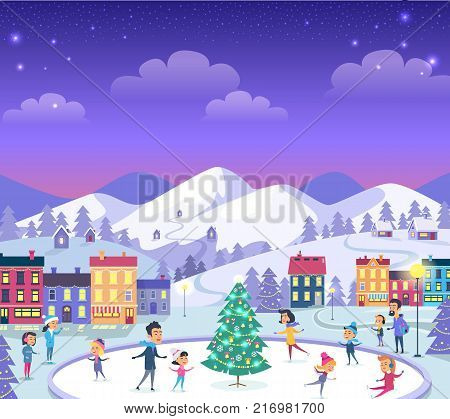 Cartoon smiling people of different ages on icerink in flat design. Christmas entertainments in decorated city in winter. Vector illustration of happy people spending New Year holidays outdoors.