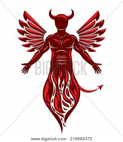 Vector illustration of human horned frightening creature made with bird wings. Evil spirit flame demon.