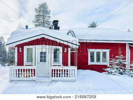 House at reindeer farm in winter Rovaniemi Lapland Finland.
