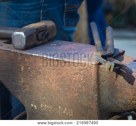 blacksmith tools and fixtures for hand forged metal, close-up