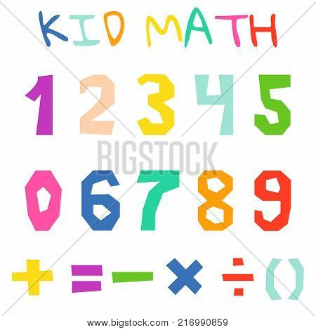 Kid math numerals and count bright signs vector isolated. Fun colorful cutout numbers.
