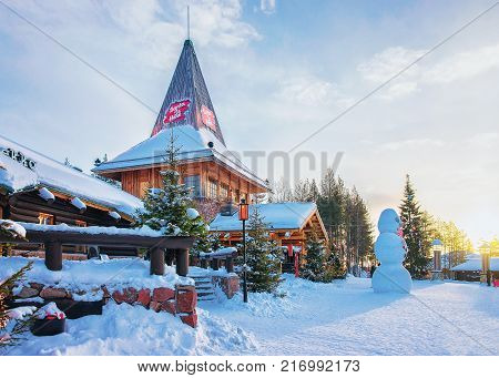 Rovaniemi Finland - March 5 2017: Snowman in Santa Office at Santa Claus Village Rovaniemi Lapland Finland on Arctic Circle in winter.
