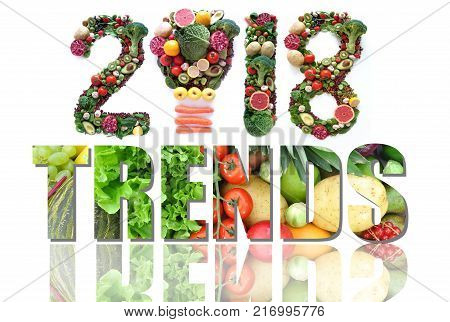 2018 trends made of fruits and vegetables including a light bulb icon