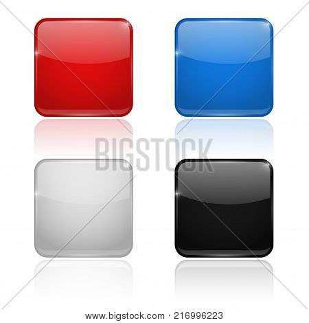 Square glass buttons. Colored set 3d icons. Vector illustration isolated on white background