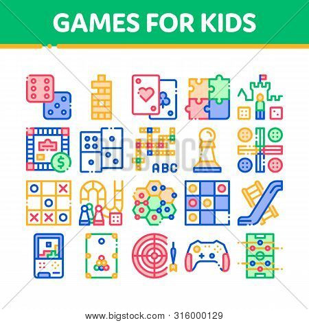 Interactive Kids Games Thin Line Icons Set. Domino, Chess And Video Games Controller Linear Pictogra