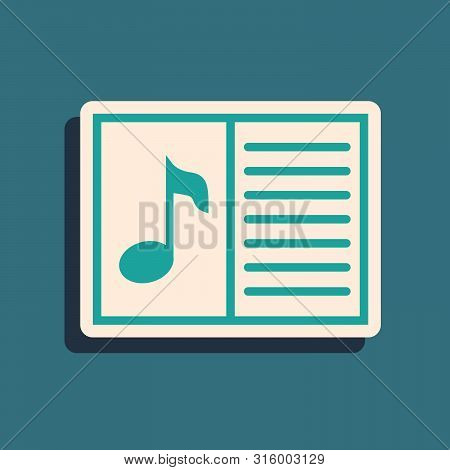 Green Music Book With Note Icon Isolated On Blue Background. Music Sheet With Note Stave. Notebook F