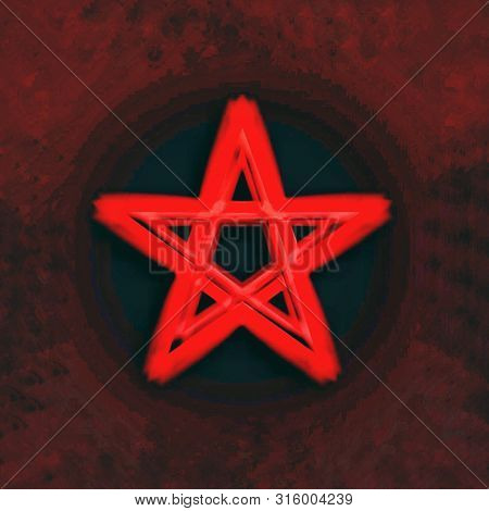 Reversed Pentagram Symbol. Blood Red Runic Spell Circle. Satanic Sign, Magic Casting Ring. Pentalpha