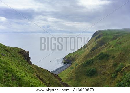 Beautiful Stunning Scenery Lealt Gorge And The Edge Of A Cliff , Isle Of Skye , Scotland