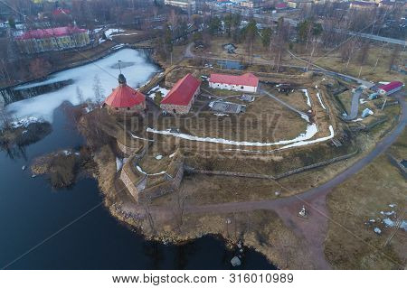 Top View Of The Old Korela Fortress On An Overcast April Day (aerial Photography). Priozersk, Russia