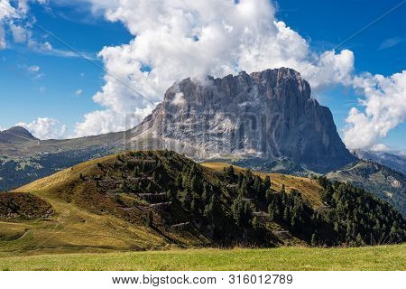 Great View On The Sassolungo - Langkofel Group, Valley Gardena. National Park Dolomites, South Tyrol